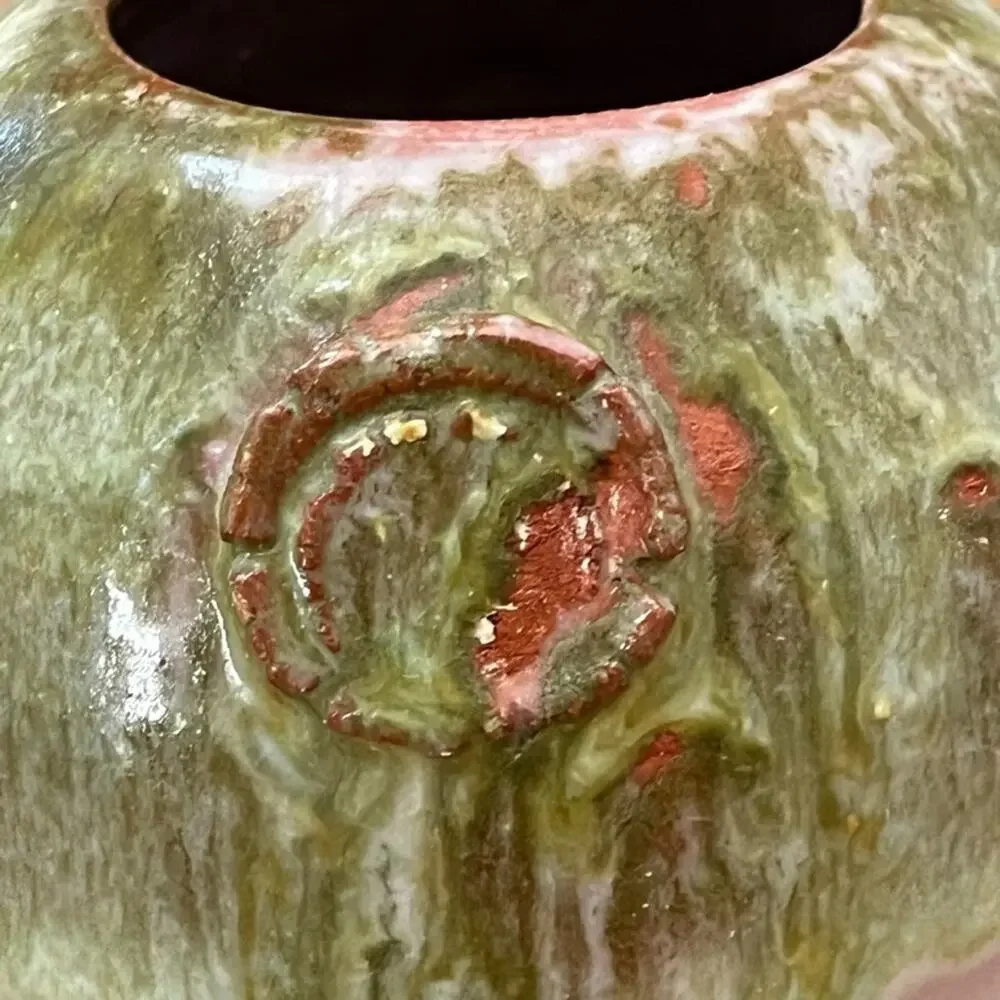 Art Studio Pottery Stamped Flower Vase 6.5 in Green & Pink Drip Glaze